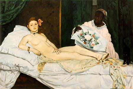 Manet, Olympia, 1863. Because this woman looked back to acknowledge the viewer while brazenly placing herself on display, she was considered hideous and monstrous by many during the nineteenth century. 