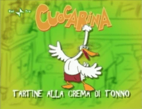 Cuocarina, an Italian goose who sings and dances the salsa while teaching children to cook rice balls. 