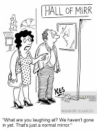 'What are you laughing at? We haven't gone in yet. That's just a normal mirror.'